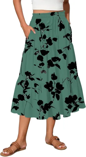 Floral Maxi Skirt for Women Summer Comfy Tiered Elastic High Waisted Skirts Vacation A-Line Flowy Swing Long Skirts