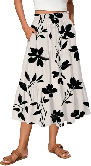 Floral Maxi Skirt for Women Summer Comfy Tiered Elastic High Waisted Skirts Vacation A-Line Flowy Swing Long Skirts