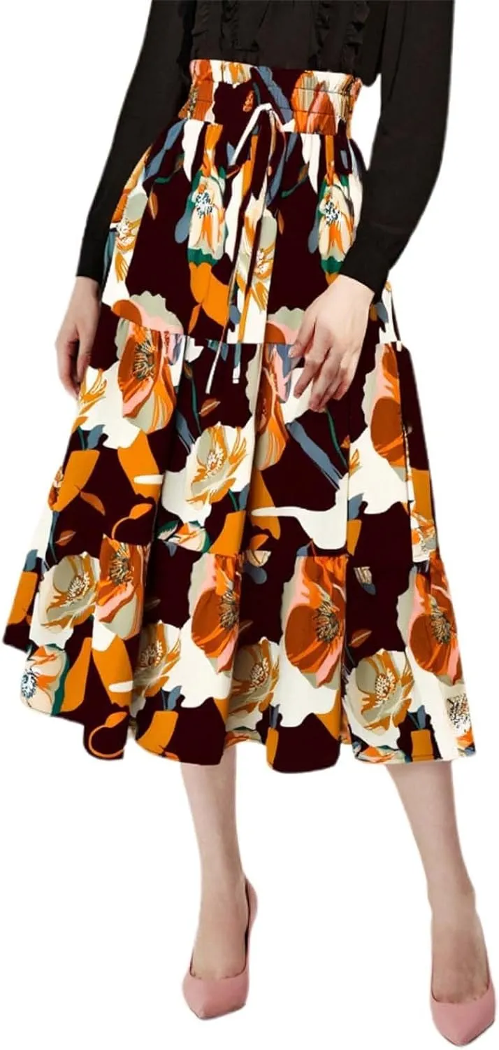 Floral Maxi Skirt for Women Tiered Boho High Waisted Pleated Midi Skirt Flowy A-Line Cute Spring Summer Long Skirts