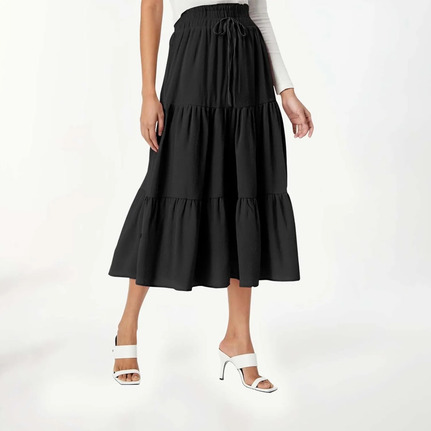 Floral Maxi Skirt for Women Tiered Boho High Waisted Pleated Midi Skirt Flowy A-Line Cute Spring Summer Long Skirts