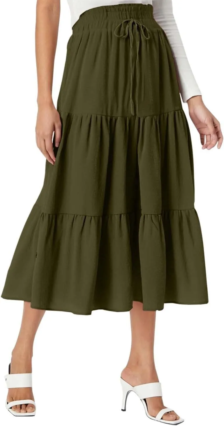 Floral Maxi Skirt for Women Tiered Boho High Waisted Pleated Midi Skirt Flowy A-Line Cute Spring Summer Long Skirts