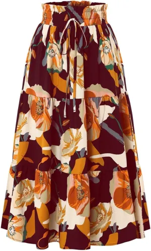 Floral Maxi Skirt for Women Tiered Boho High Waisted Pleated Midi Skirt Flowy A-Line Cute Spring Summer Long Skirts