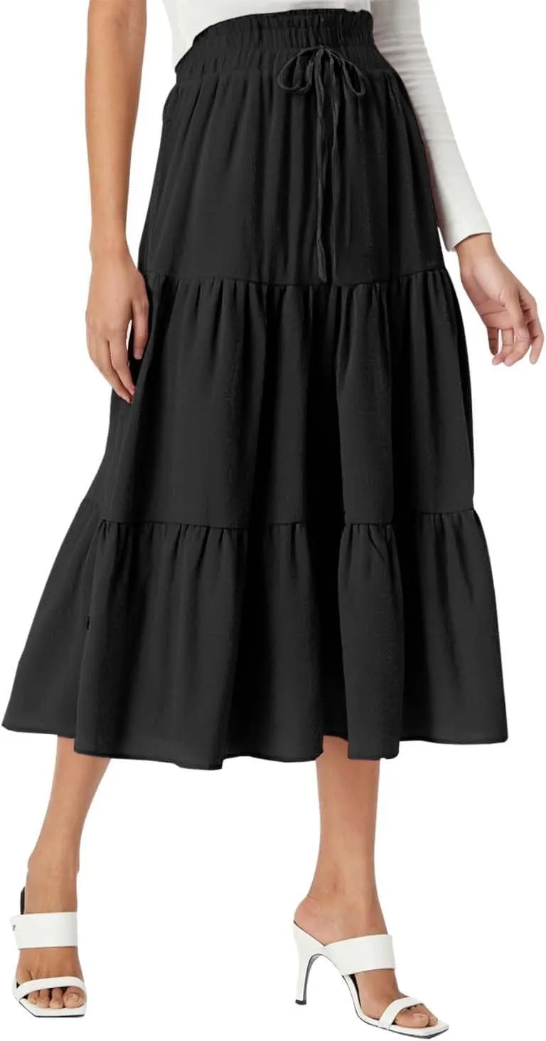Floral Maxi Skirt for Women Tiered Boho High Waisted Pleated Midi Skirt Flowy A-Line Cute Spring Summer Long Skirts