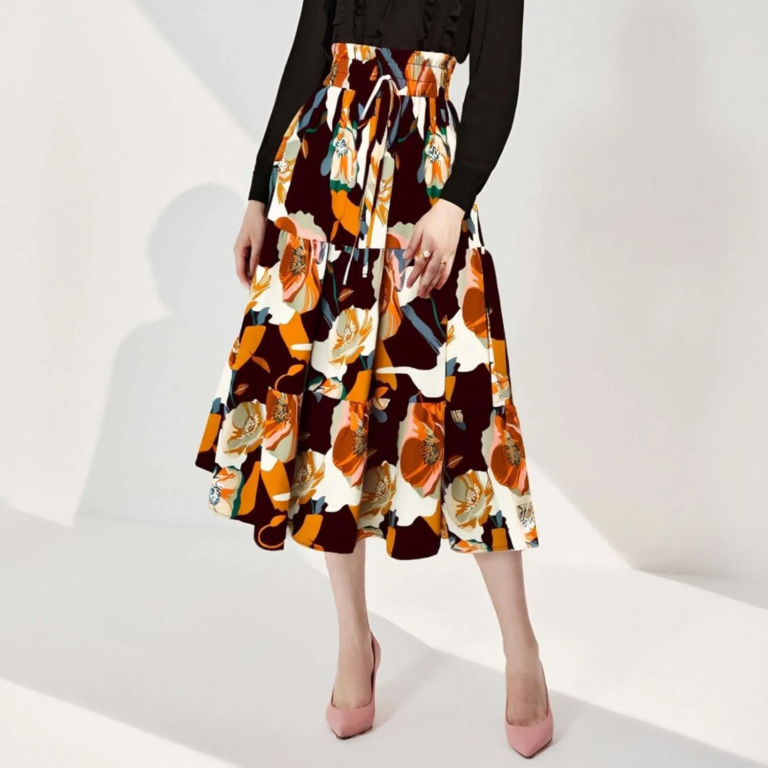 Floral Maxi Skirt for Women Tiered Boho High Waisted Pleated Midi Skirt Flowy A-Line Cute Spring Summer Long Skirts