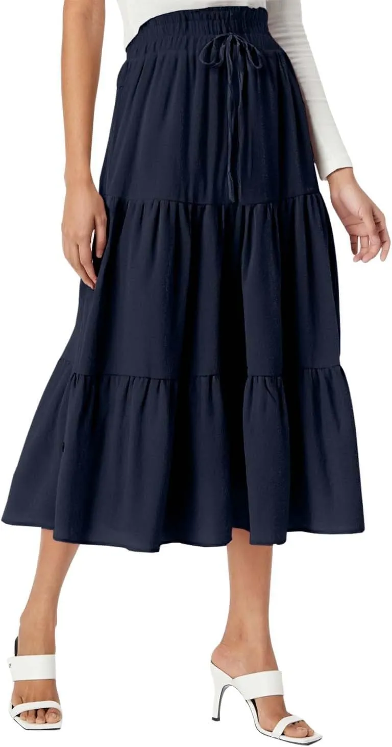 Floral Maxi Skirt for Women Tiered Boho High Waisted Pleated Midi Skirt Flowy A-Line Cute Spring Summer Long Skirts
