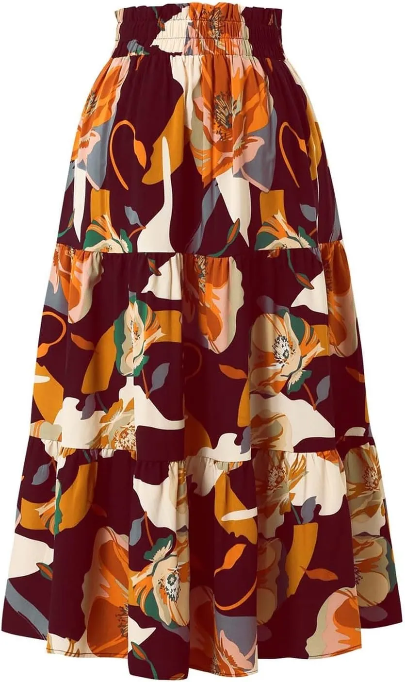 Floral Maxi Skirt for Women Tiered Boho High Waisted Pleated Midi Skirt Flowy A-Line Cute Spring Summer Long Skirts