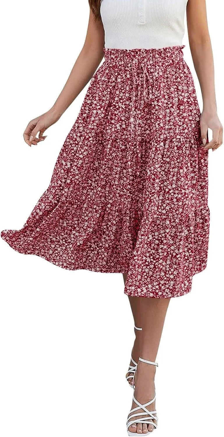 Floral Maxi Skirts for Women Trendy Summer Boho Tiered Long Flowy Skirt Drawstring High Waisted Swing A-Line Skirt