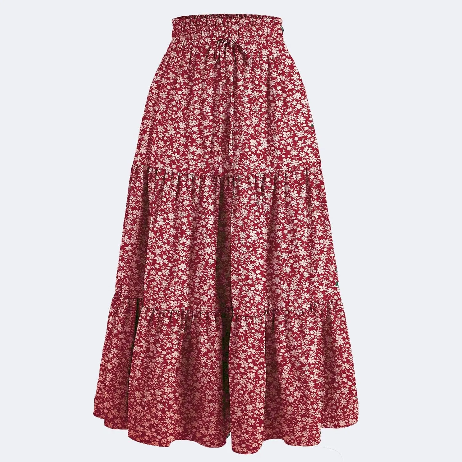 Floral Maxi Skirts for Women Trendy Summer Boho Tiered Long Flowy Skirt Drawstring High Waisted Swing A-Line Skirt