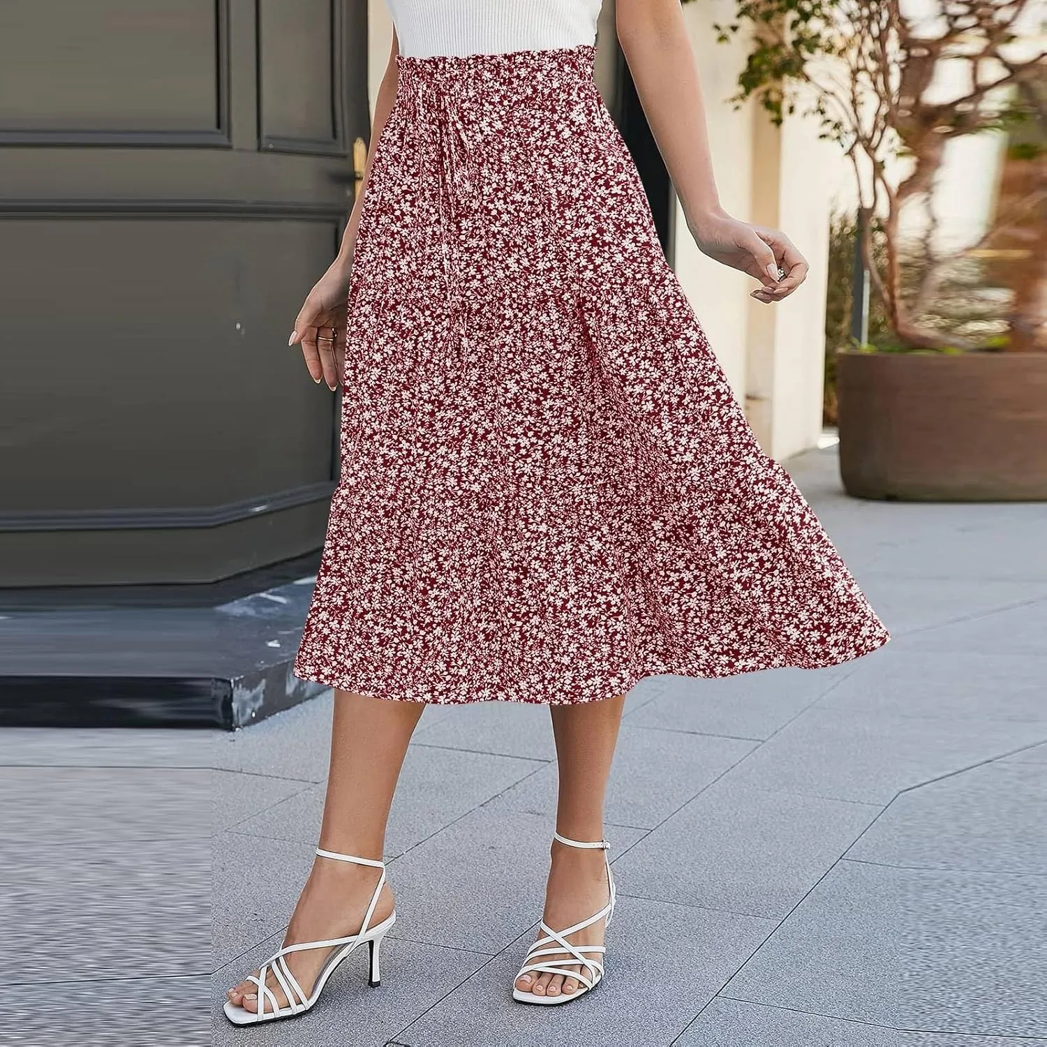 Floral Maxi Skirts for Women Trendy Summer Boho Tiered Long Flowy Skirt Drawstring High Waisted Swing A-Line Skirt