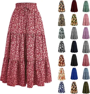 Floral Maxi Skirts for Women Trendy Summer Boho Tiered Long Flowy Skirt Drawstring High Waisted Swing A-Line Skirt