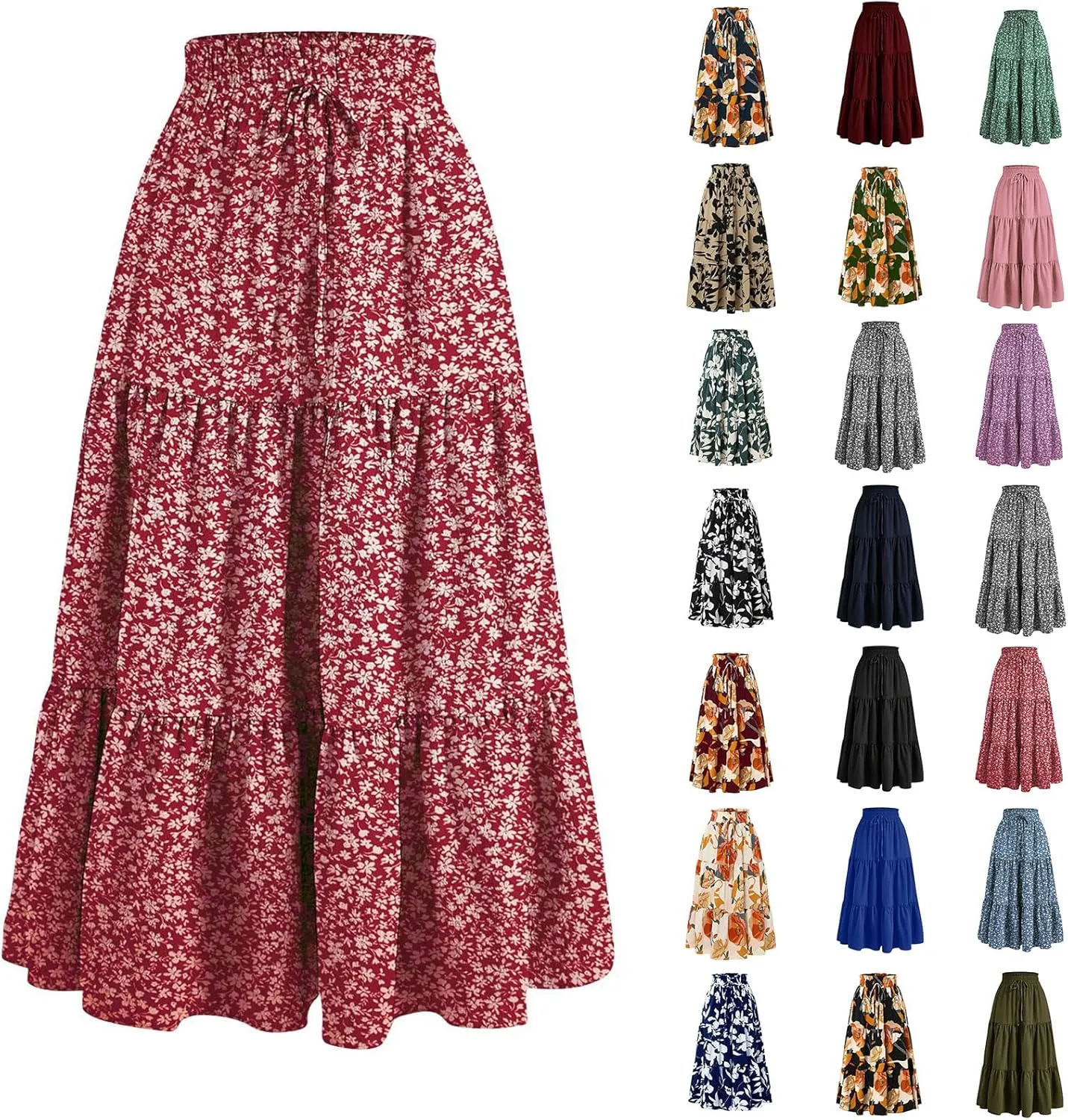 Floral Maxi Skirts for Women Trendy Summer Boho Tiered Long Flowy Skirt Drawstring High Waisted Swing A-Line Skirt