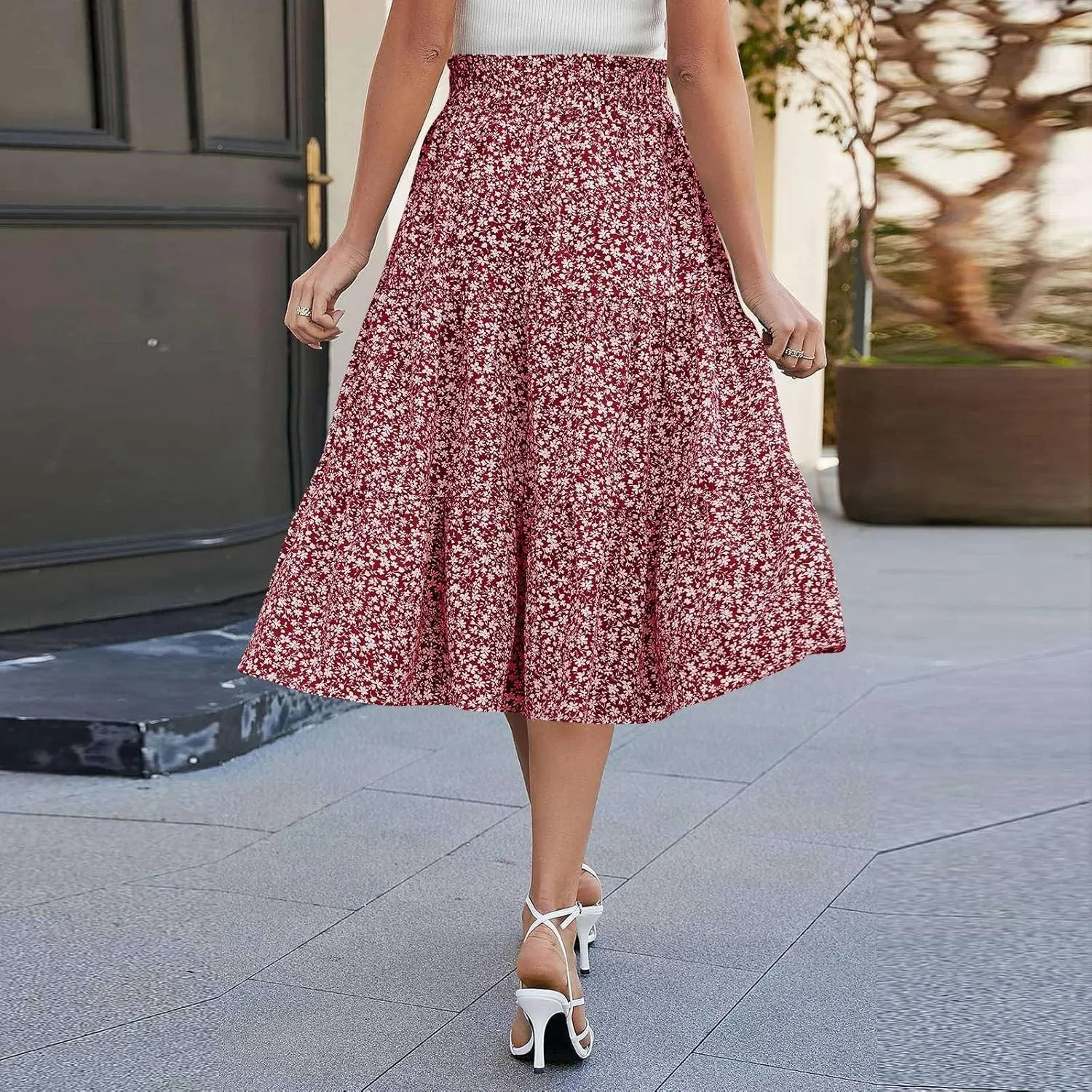 Floral Maxi Skirts for Women Trendy Summer Boho Tiered Long Flowy Skirt Drawstring High Waisted Swing A-Line Skirt