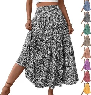 Floral Maxi Skirts for Women Trendy Summer Casual Boho Long Flowy Skirt Smocked Elastic High Waisted A Line Skirt