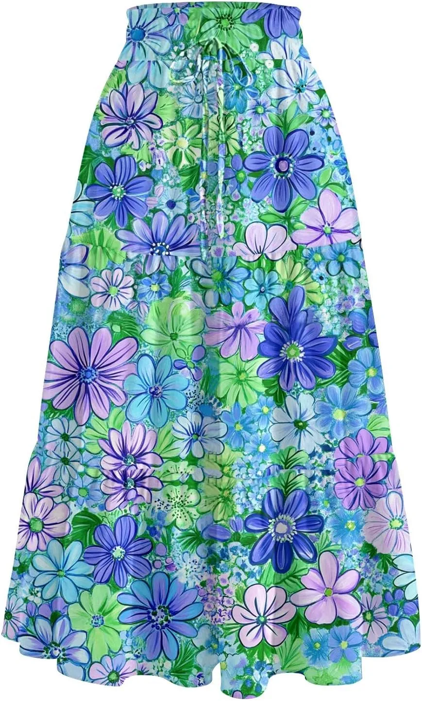 Floral Midi Skirt for Women Summer Comfy Tiered Elastic High Waisted Vacation A-Line Flowy Swing Long