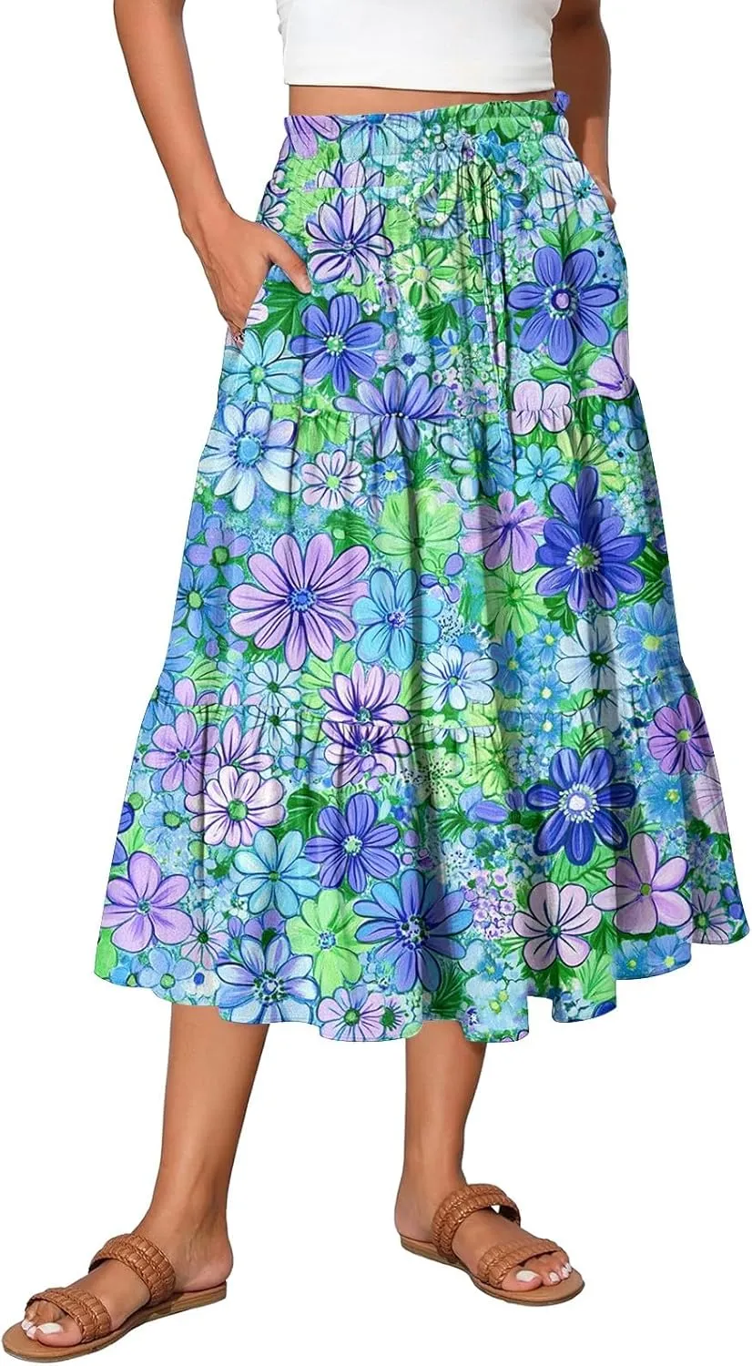 Floral Midi Skirt for Women Summer Comfy Tiered Elastic High Waisted Vacation A-Line Flowy Swing Long