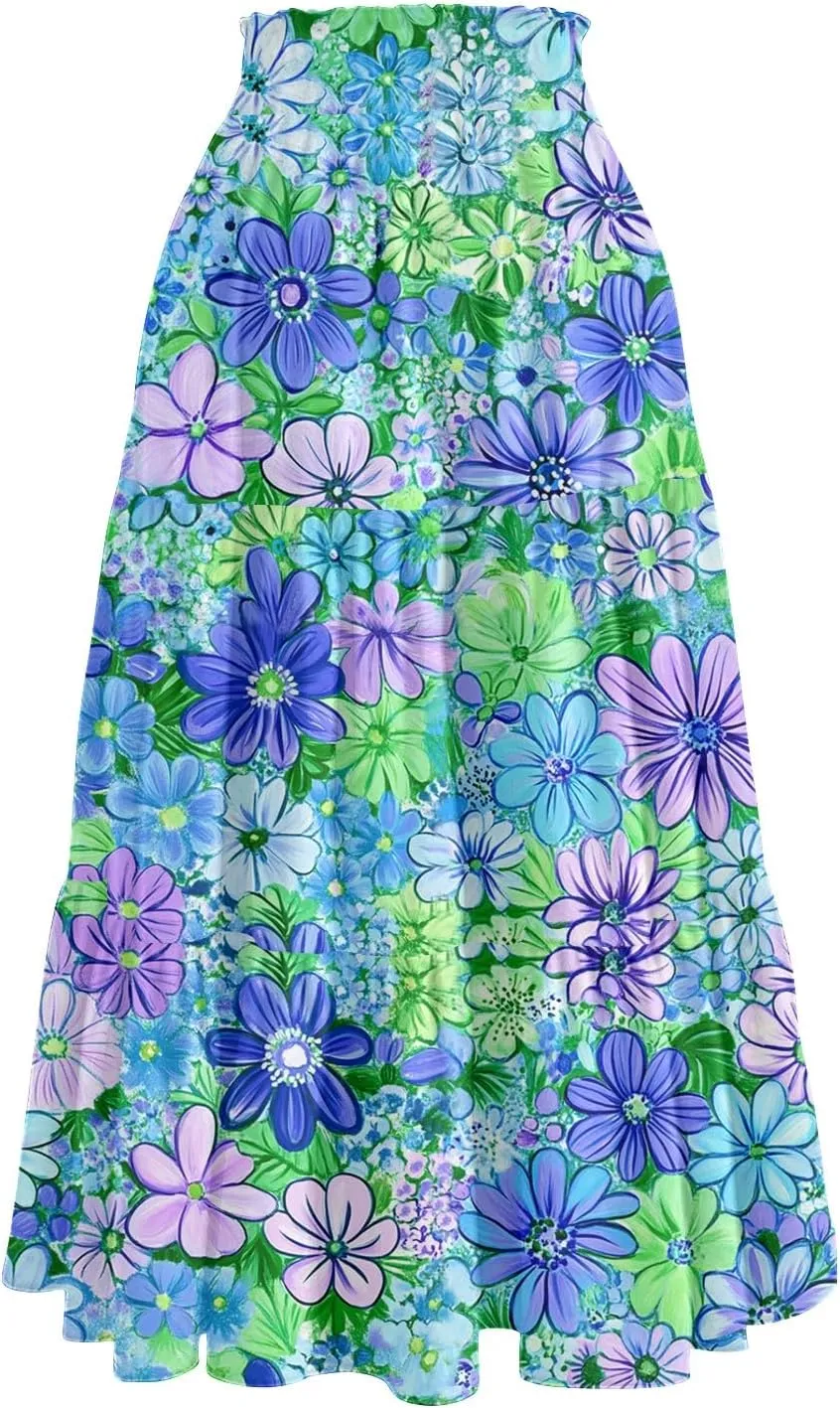 Floral Midi Skirt for Women Summer Comfy Tiered Elastic High Waisted Vacation A-Line Flowy Swing Long
