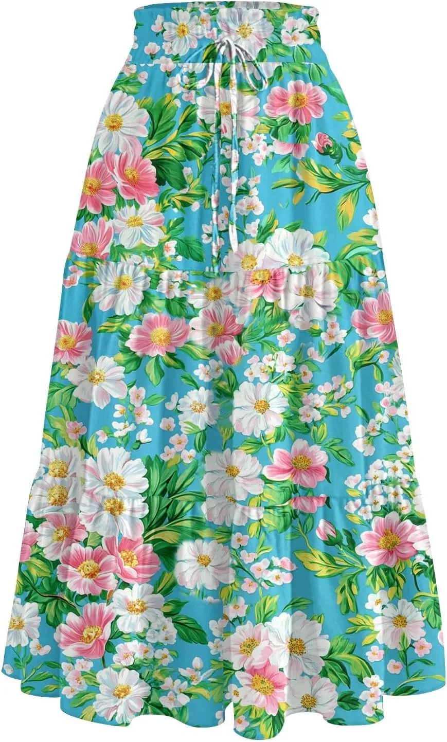 Floral Midi Skirt for Women Summer Comfy Tiered Elastic High Waisted Vacation A-Line Flowy Swing Long