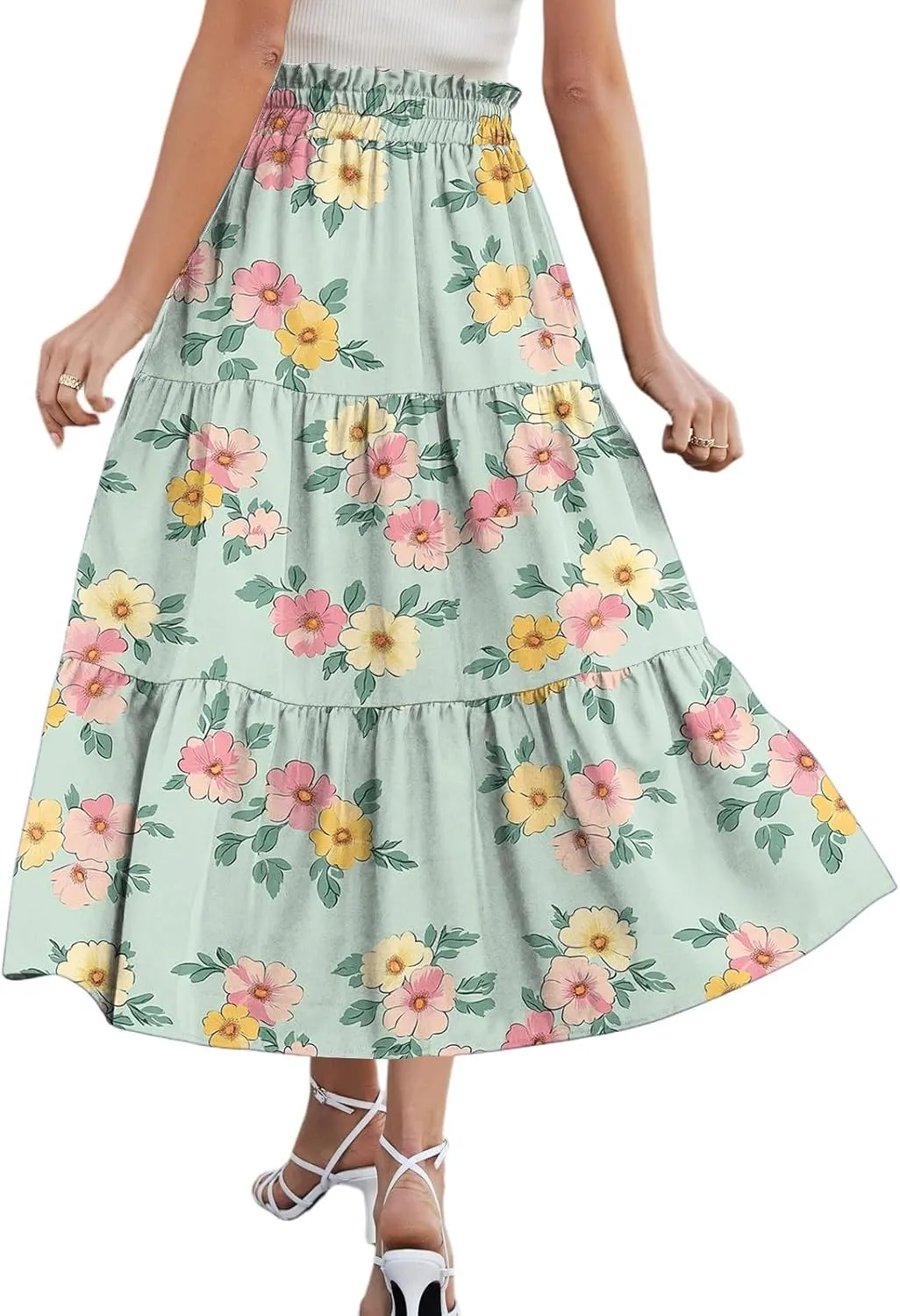 Floral Midi Skirt for Women Summer Comfy Tiered Elastic High Waisted Vacation A-Line Flowy Swing Long