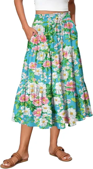 Floral Midi Skirt for Women Summer Comfy Tiered Elastic High Waisted Vacation A-Line Flowy Swing Long