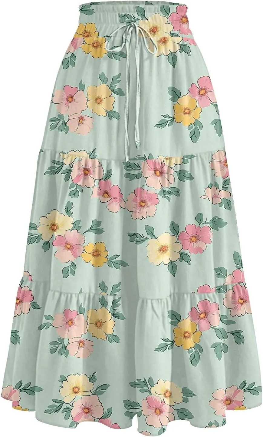 Floral Midi Skirt for Women Summer Comfy Tiered Elastic High Waisted Vacation A-Line Flowy Swing Long