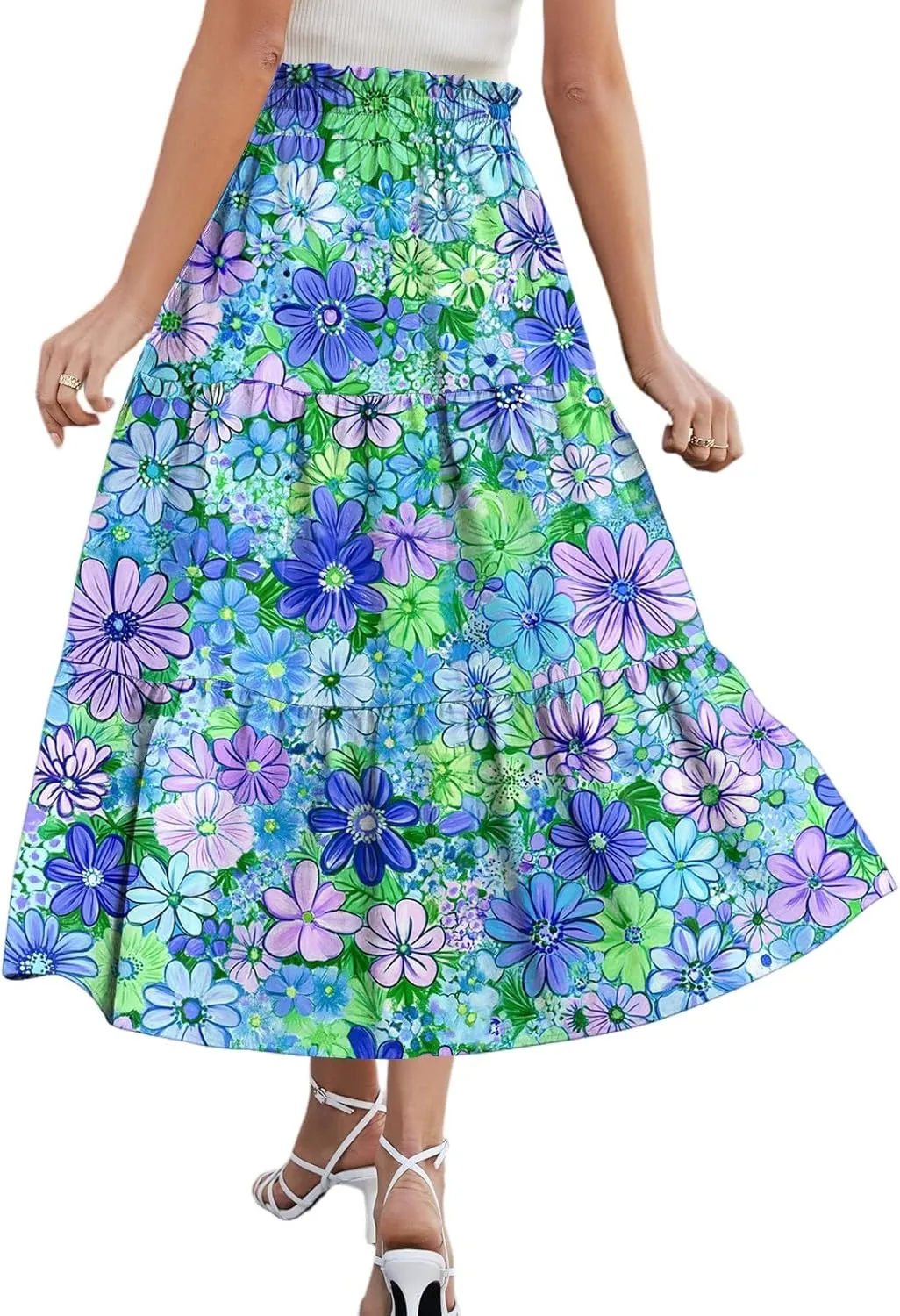 Floral Midi Skirt for Women Summer Comfy Tiered Elastic High Waisted Vacation A-Line Flowy Swing Long
