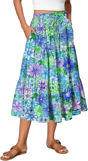 Floral Midi Skirt for Women Summer Comfy Tiered Elastic High Waisted Vacation A-Line Flowy Swing Long