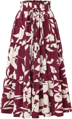 Floral Midi Skirts for Women Drawstring Waist Ruffle Hem Tiered Flowy Long Skirt A Line Boho Pleated Floral Skirt