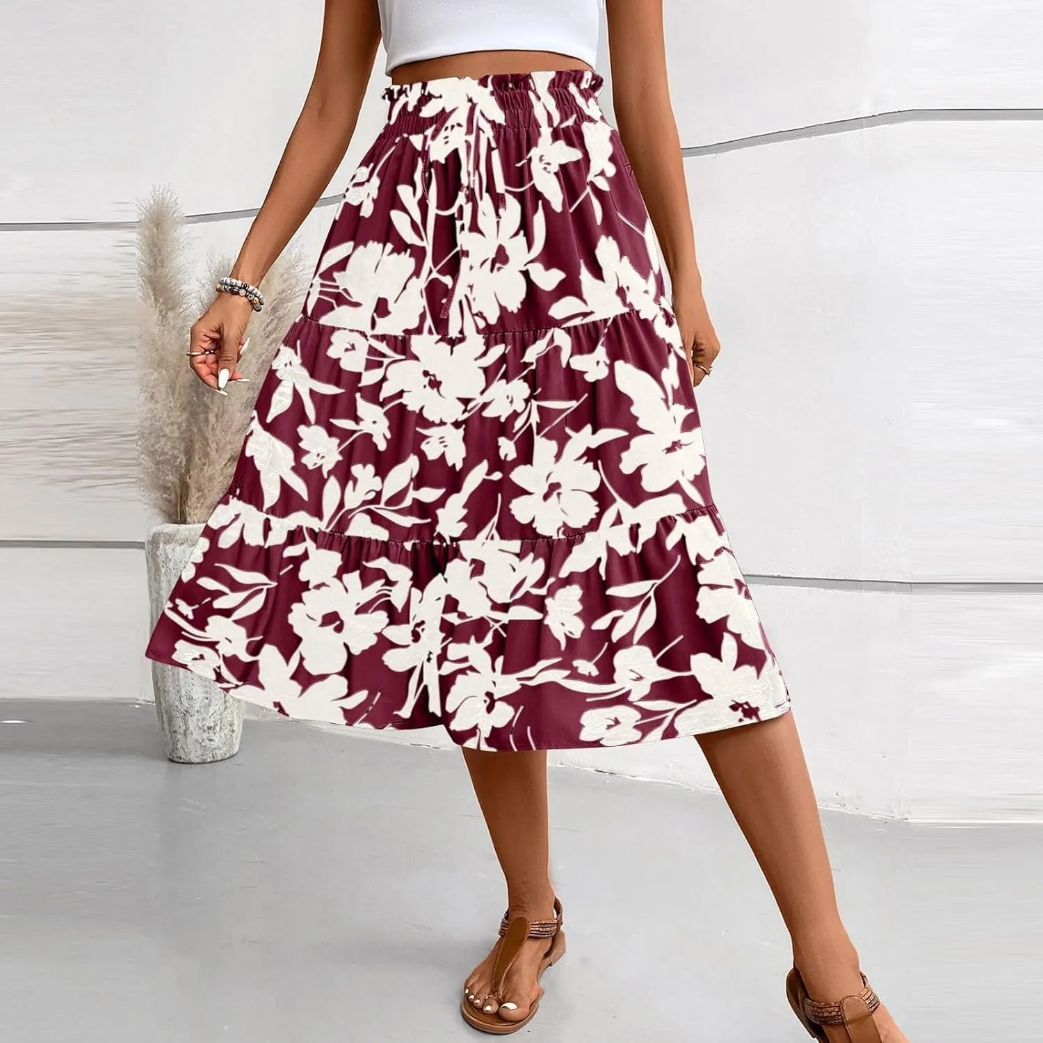 Floral Midi Skirts for Women Drawstring Waist Ruffle Hem Tiered Flowy Long Skirt A Line Boho Pleated Floral Skirt