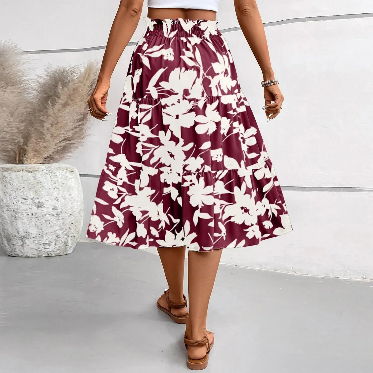 Floral Midi Skirts for Women Drawstring Waist Ruffle Hem Tiered Flowy Long Skirt A Line Boho Pleated Floral Skirt
