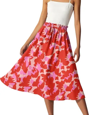 Floral Midi Skirts for Women Summer Drawstring Elastic Waist Knee Length Skirt A Line Ruffle Cute Travel Skirts