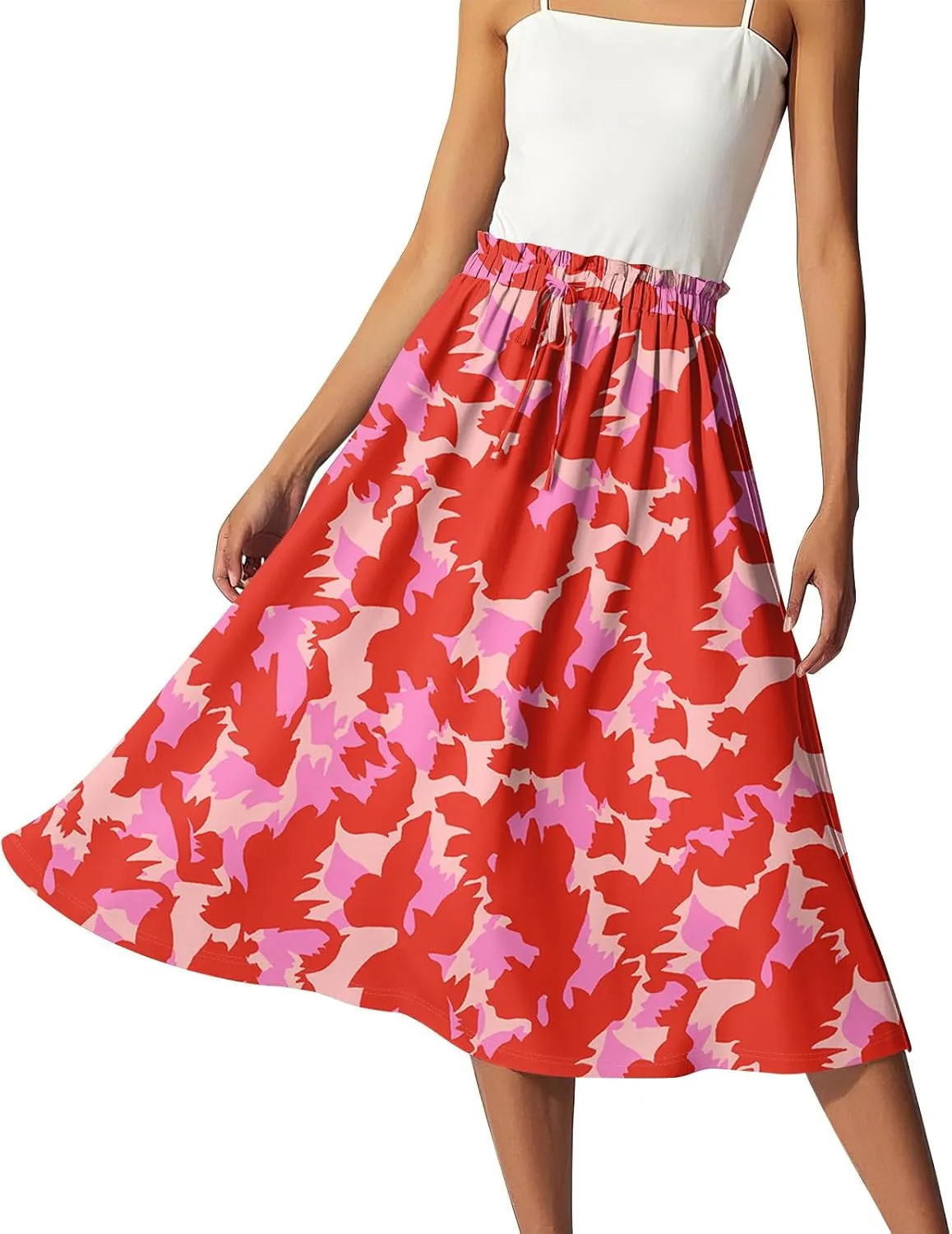 Floral Midi Skirts for Women Summer Drawstring Elastic Waist Knee Length Skirt A Line Ruffle Cute Travel Skirts