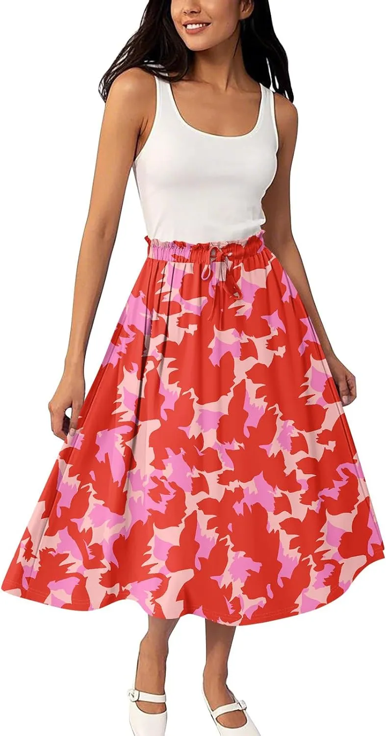 Floral Midi Skirts for Women Summer Drawstring Elastic Waist Knee Length Skirt A Line Ruffle Cute Travel Skirts