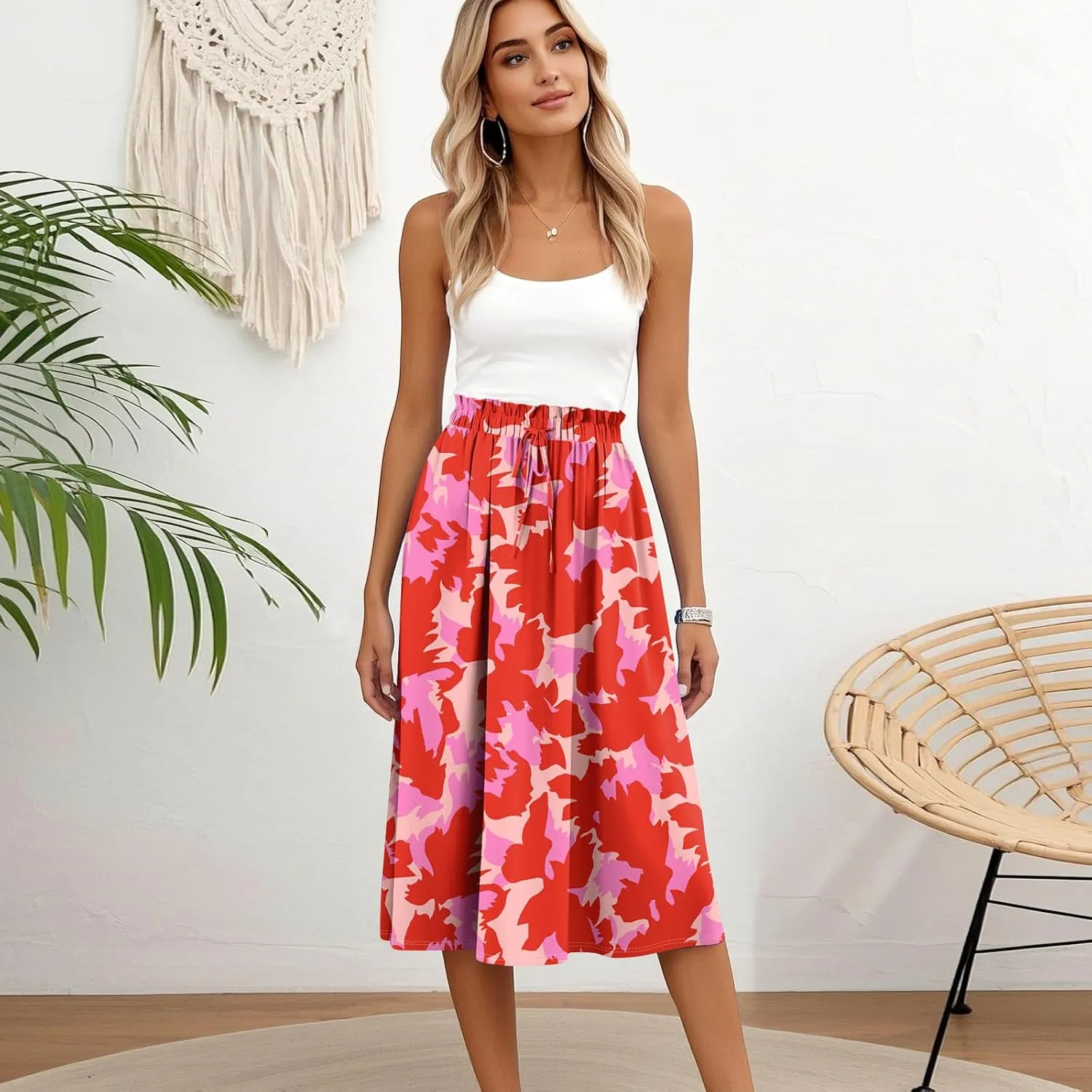 Floral Midi Skirts for Women Summer Drawstring Elastic Waist Knee Length Skirt A Line Ruffle Cute Travel Skirts