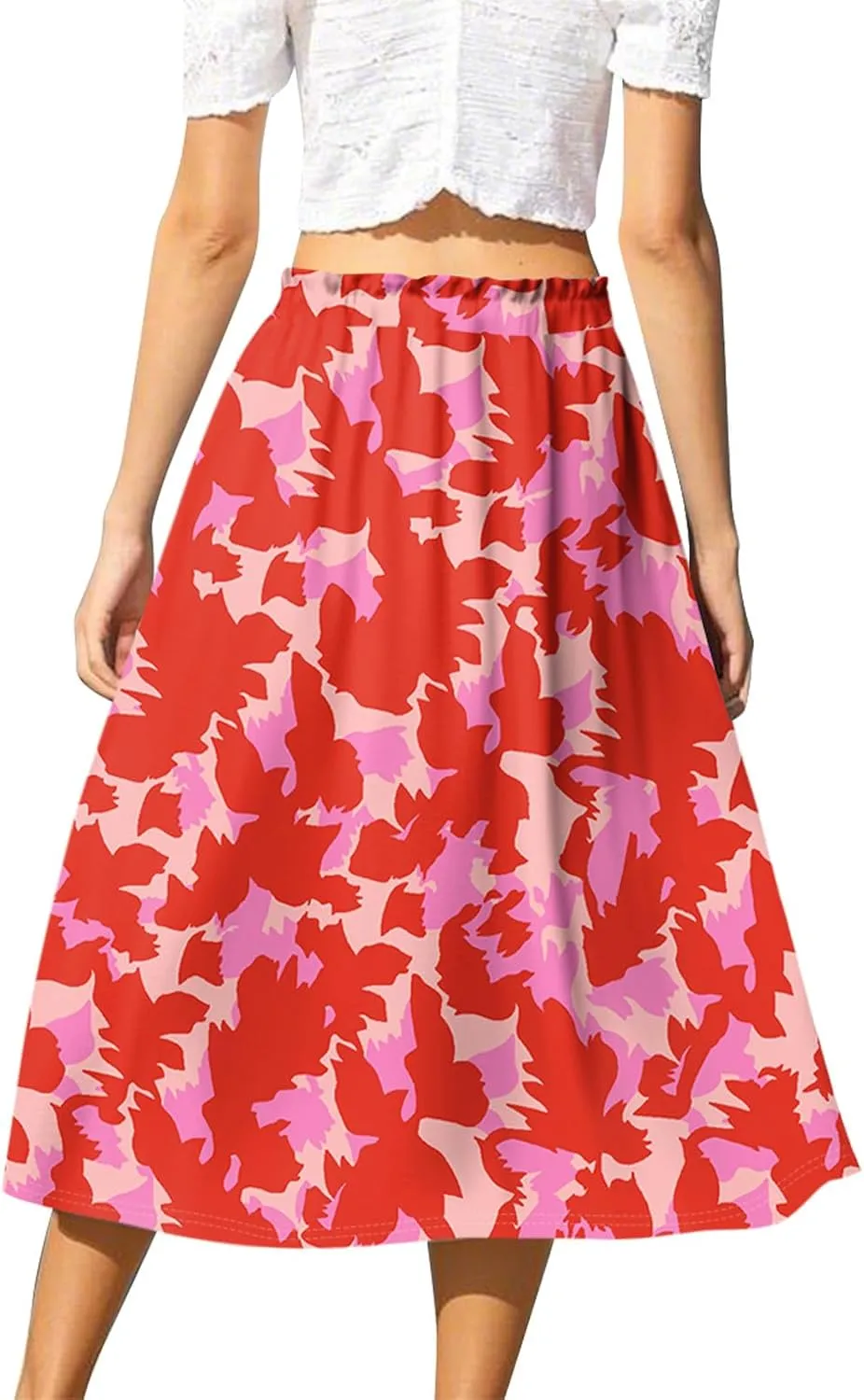 Floral Midi Skirts for Women Summer Drawstring Elastic Waist Knee Length Skirt A Line Ruffle Cute Travel Skirts