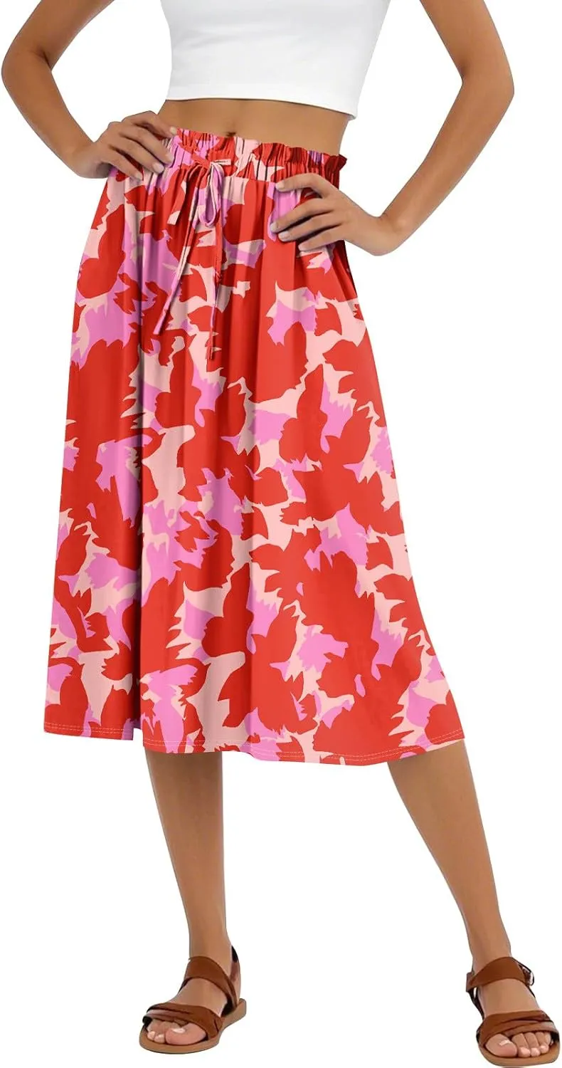 Floral Midi Skirts for Women Summer Drawstring Elastic Waist Knee Length Skirt A Line Ruffle Cute Travel Skirts