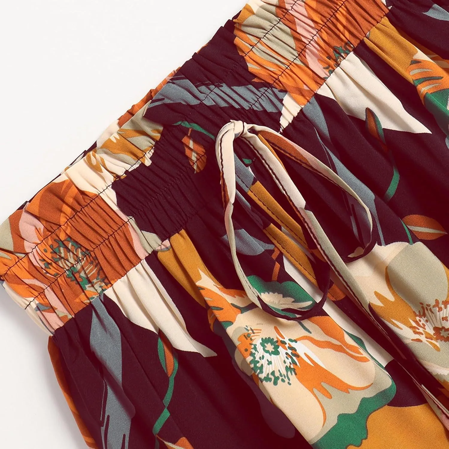 Floral Midi Skirts for Women Summer Tiered Drawstring Elastic Waist Knee Length Skirts Smocked A-Line Flowy Boho Skirt
