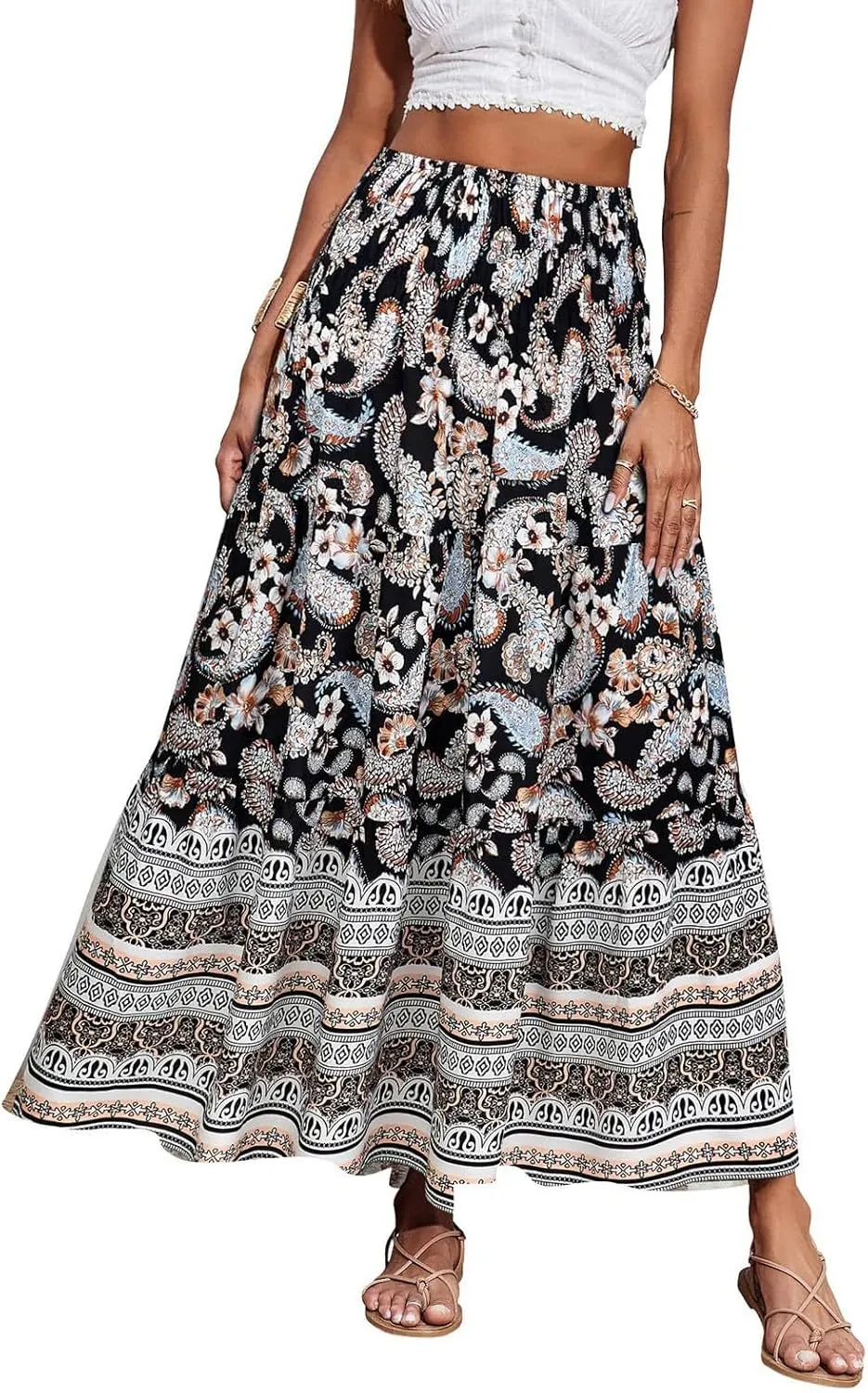Floral Pleated Skirts for Women Midi Length Summer Casual Boho High Waisted Flowy Plus Size Tiered A Line Skirt
