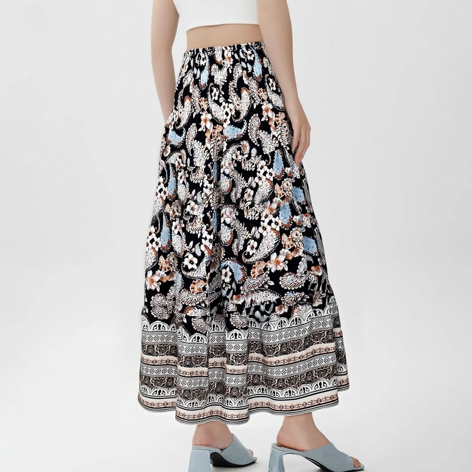 Floral Pleated Skirts for Women Midi Length Summer Casual Boho High Waisted Flowy Plus Size Tiered A Line Skirt