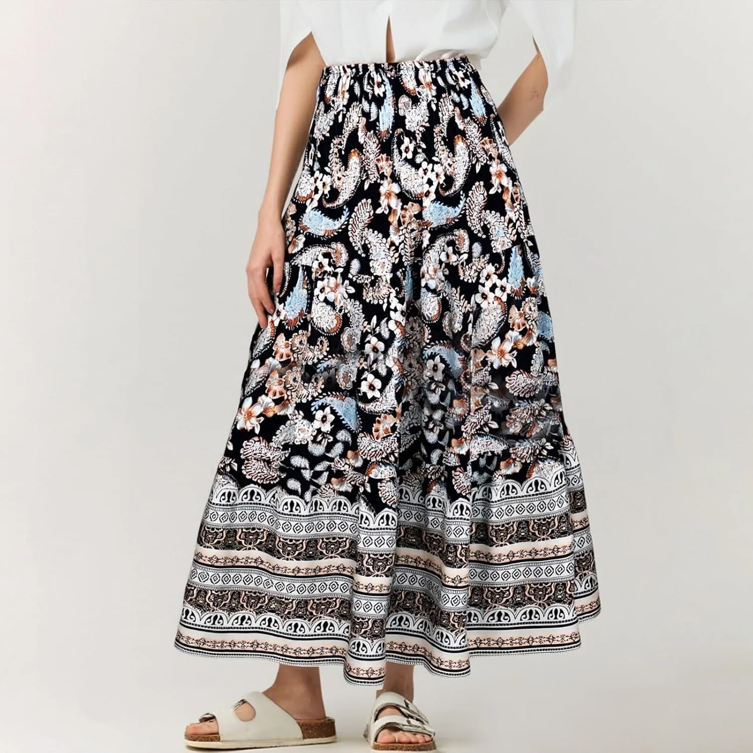 Floral Pleated Skirts for Women Midi Length Summer Casual Boho High Waisted Flowy Plus Size Tiered A Line Skirt
