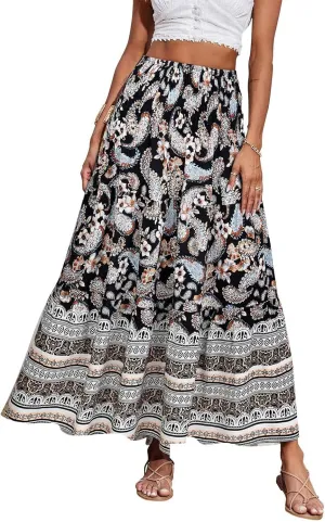 Floral Pleated Skirts for Women Midi Length Summer Casual Boho High Waisted Flowy Plus Size Tiered A Line Skirt