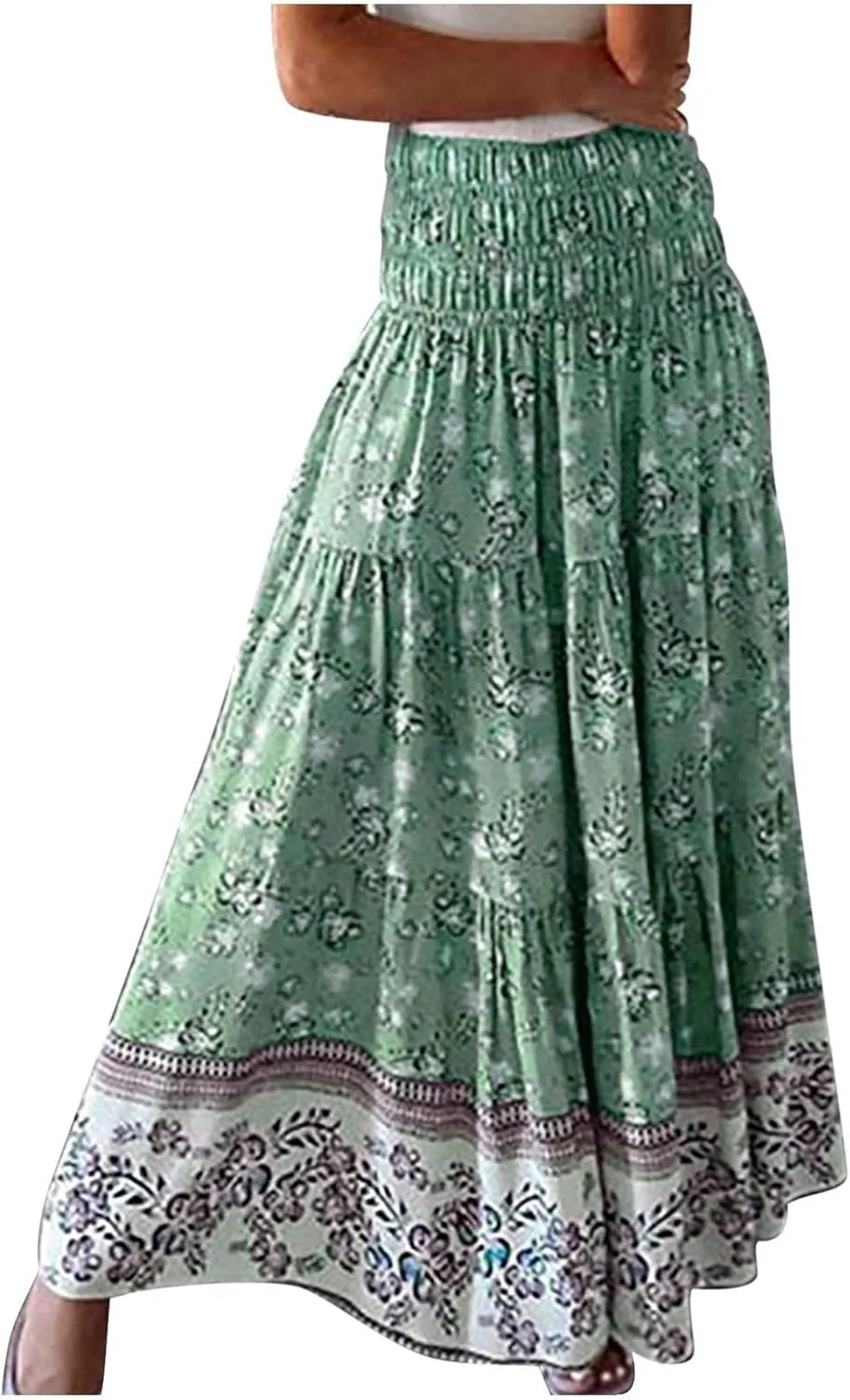 Floral Pleated Skirts for Women Midi Length Summer Casual Boho High Waisted Flowy Plus Size Tiered A Line Skirt