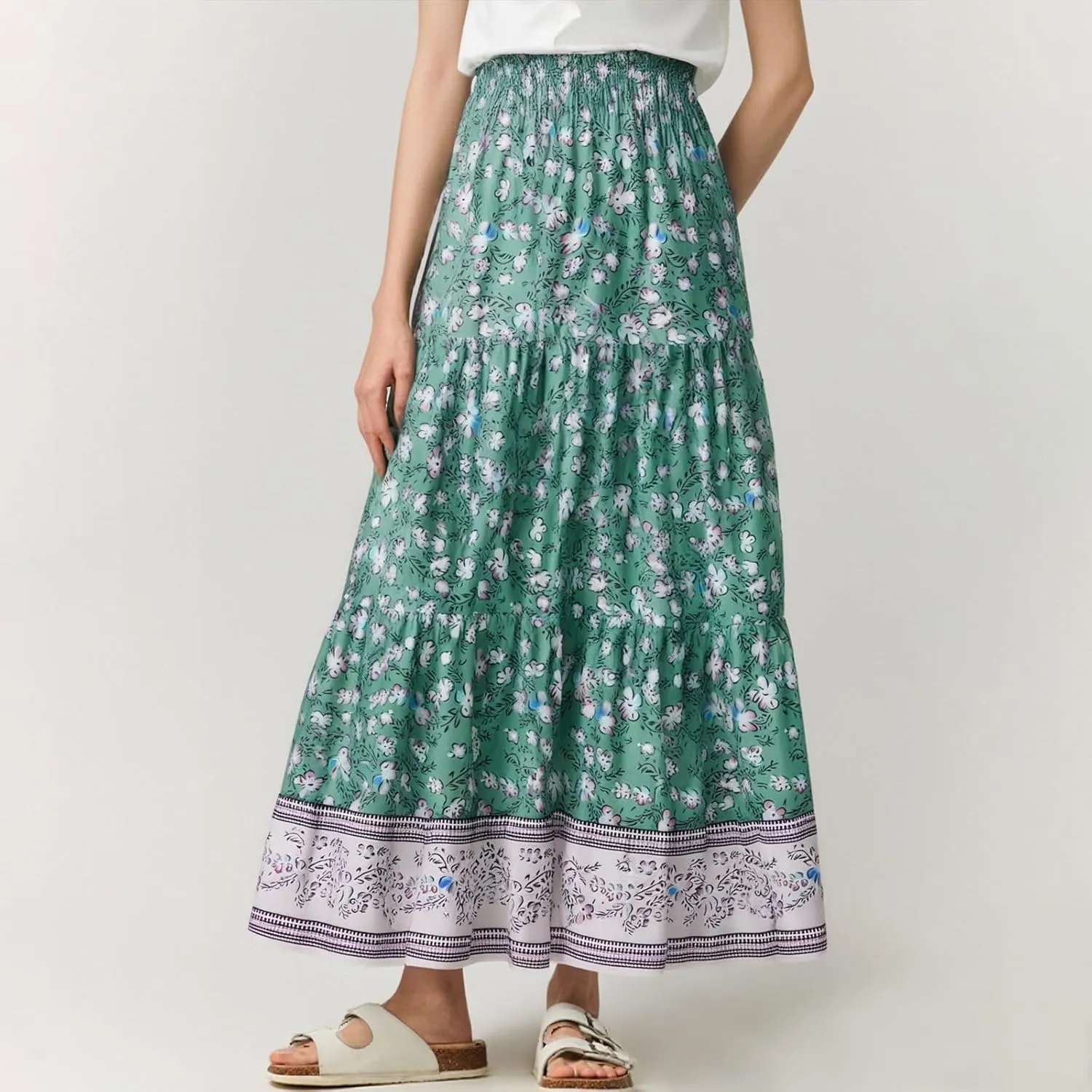 Floral Pleated Skirts for Women Midi Length Summer Casual Boho High Waisted Flowy Plus Size Tiered A Line Skirt