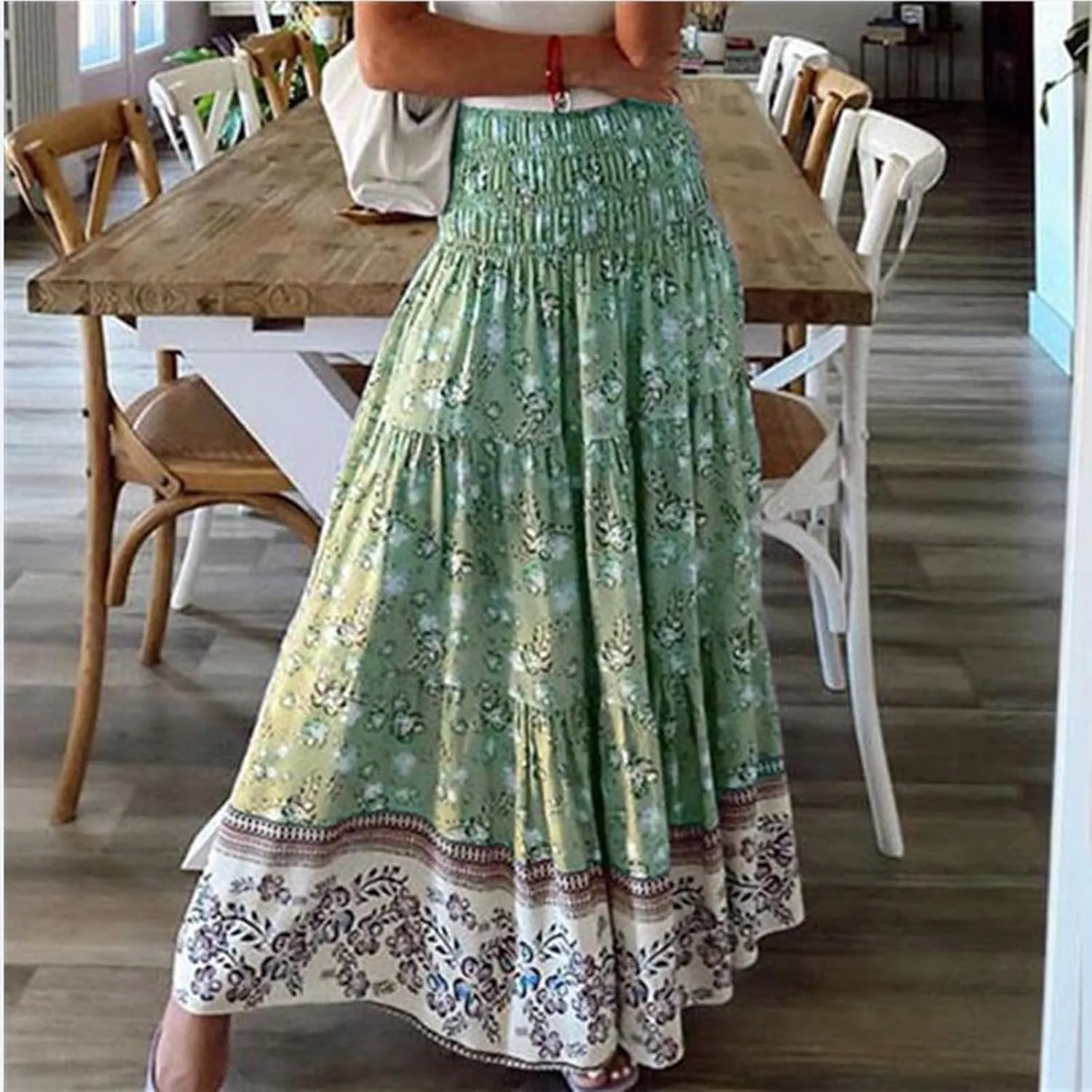 Floral Pleated Skirts for Women Midi Length Summer Casual Boho High Waisted Flowy Plus Size Tiered A Line Skirt