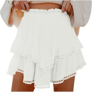 Flowy Boho Shorts for Women Casual Ruffle Tiered Skort Short High Waist Mini Skirts Golf Tennis Lace Crochet Short