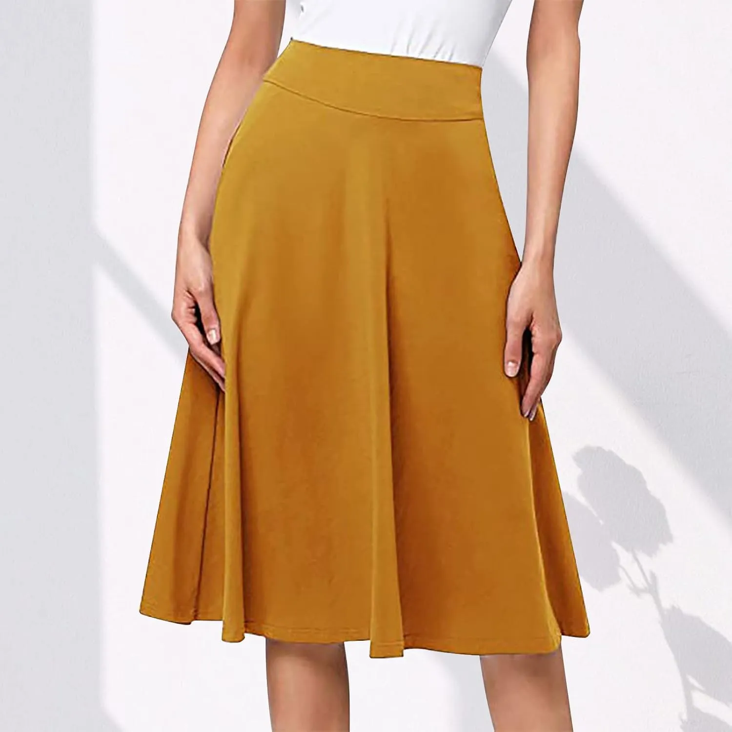 Flowy Midi Skirt for Women High Waist A Line Skater Skirts Elegant Casual Solid Color Workwear