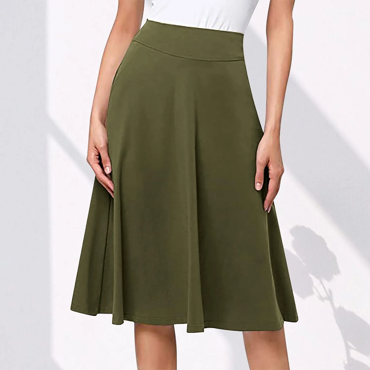 Flowy Midi Skirt for Women High Waist A Line Skater Skirts Elegant Casual Solid Color Workwear