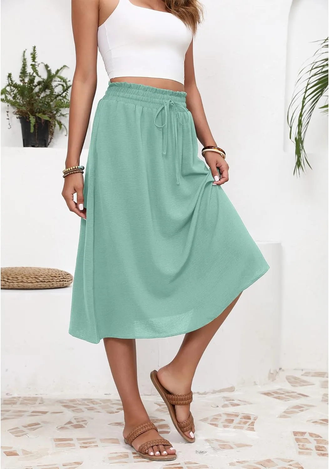 Flowy Skirt Midi Length High Waist Skirts for Women Below Knee with Pockets 2024 Women Fashion Trendy