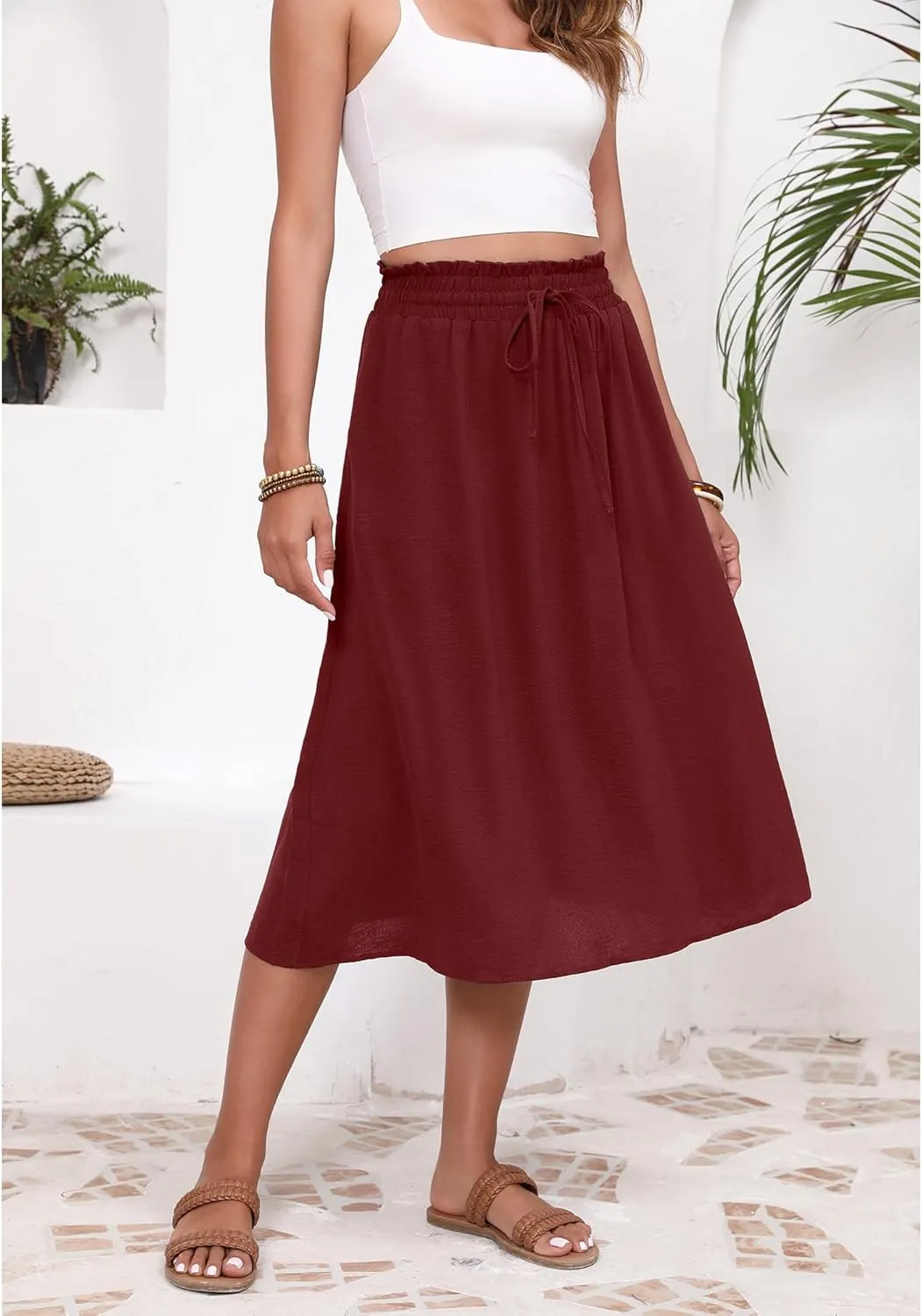 Flowy Skirt Midi Length High Waist Skirts for Women Below Knee with Pockets 2024 Women Fashion Trendy