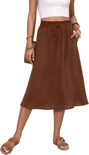 Flowy Skirt Midi Length High Waist Skirts for Women Below Knee with Pockets 2024 Women Fashion Trendy