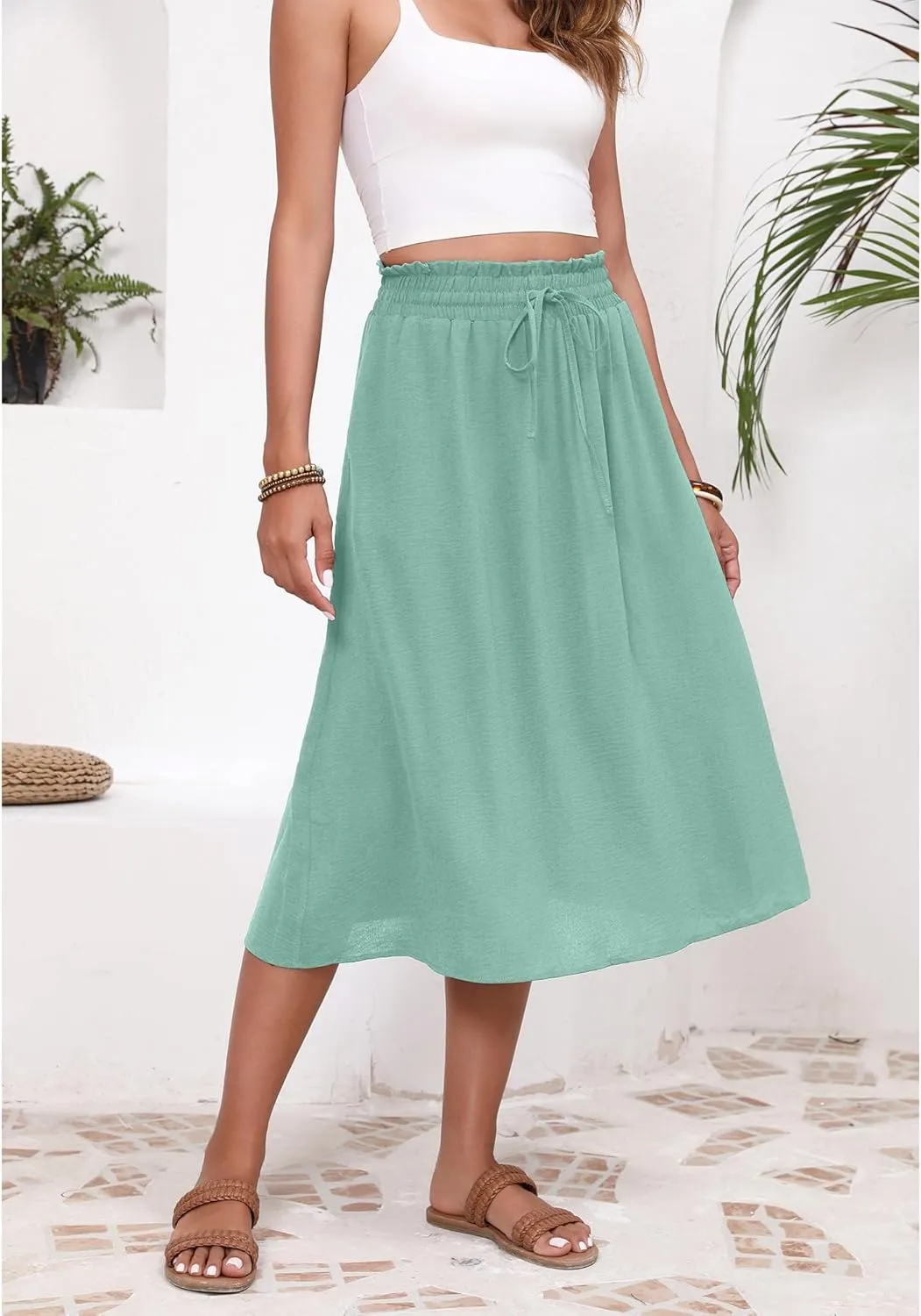 Flowy Skirt Midi Length High Waist Skirts for Women Below Knee with Pockets 2024 Women Fashion Trendy